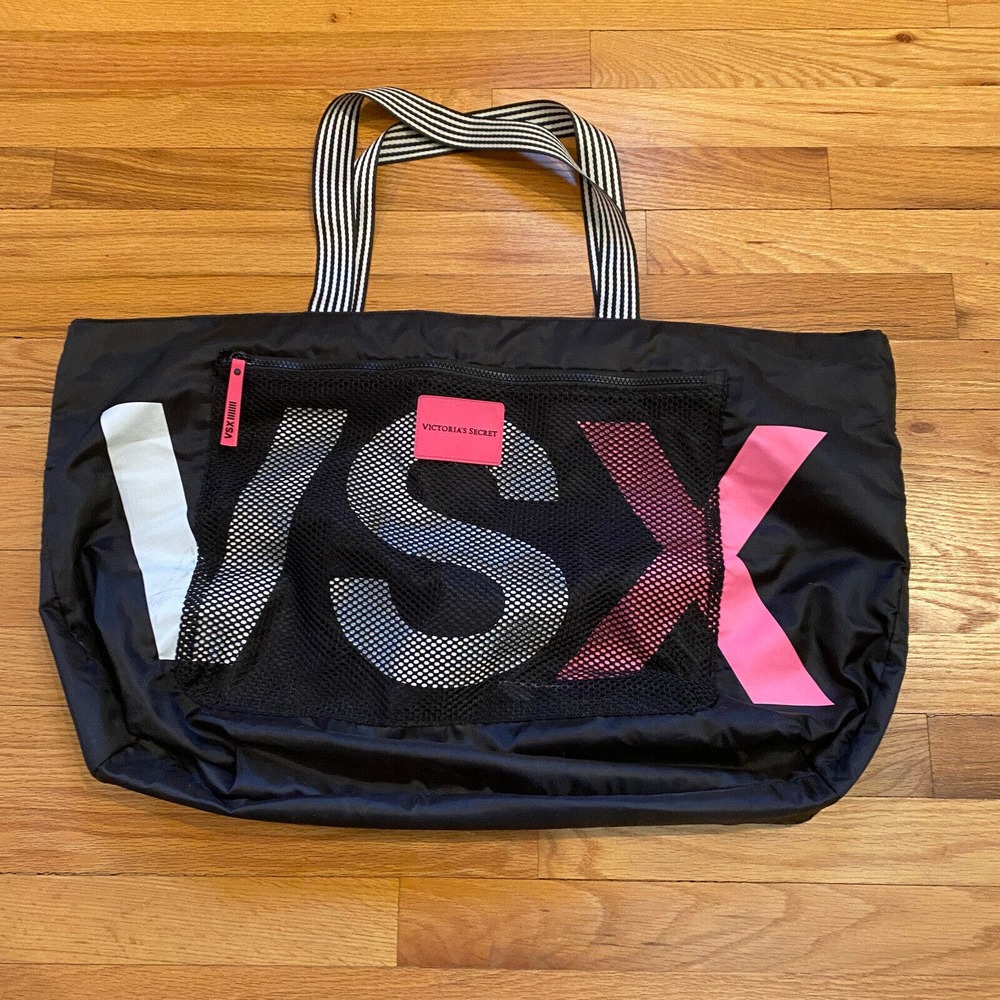 VSX Victoria Secret Big Tote Bag Black Pink White Mesh Pocket